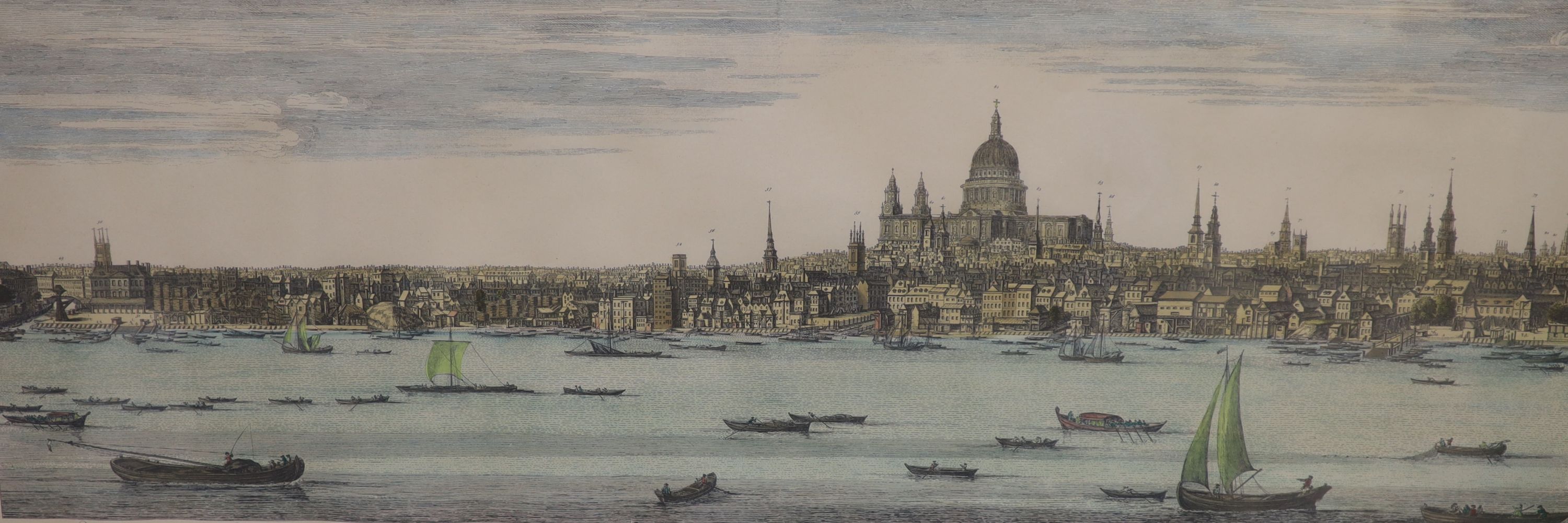 A set of 4 colour prints after S & N Buck, London viewed from The Thames, overall 32 x 81cm